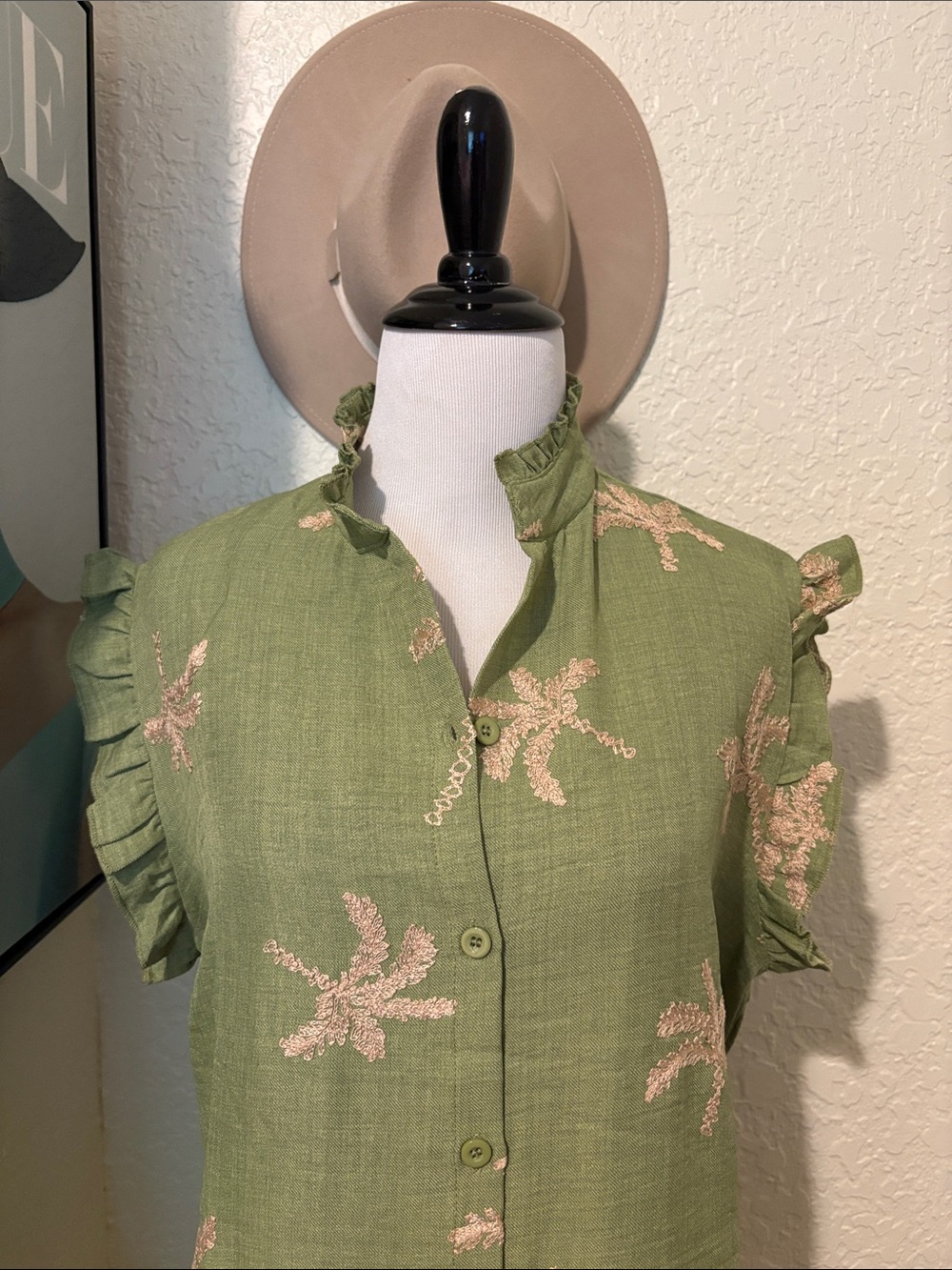 NWOT Light Green Embroidered Ruffle-Sleeve Button Front Blouse